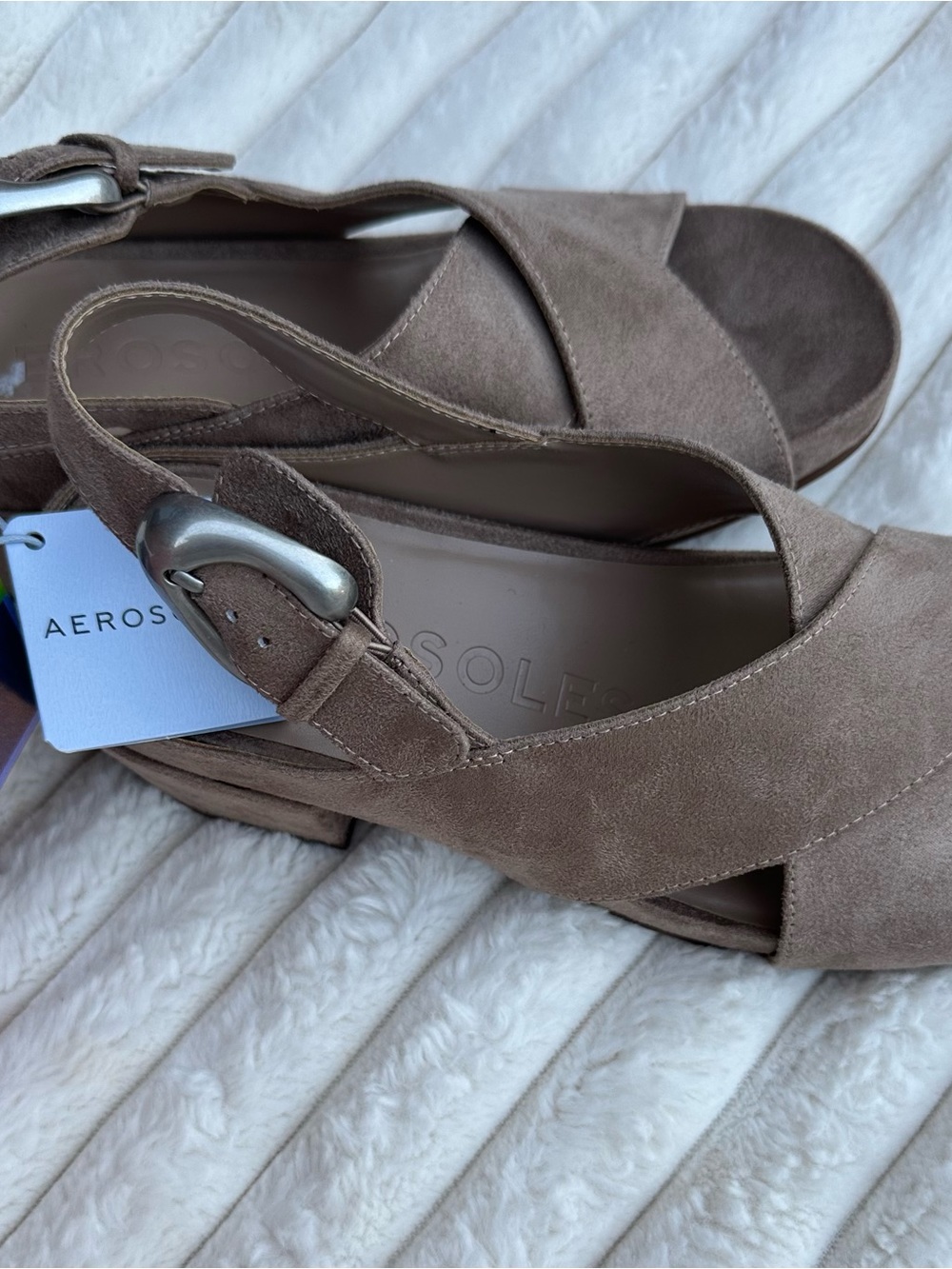 AEROSOLES Taupe Suede Crisscross Slingback Sandals with Buckle